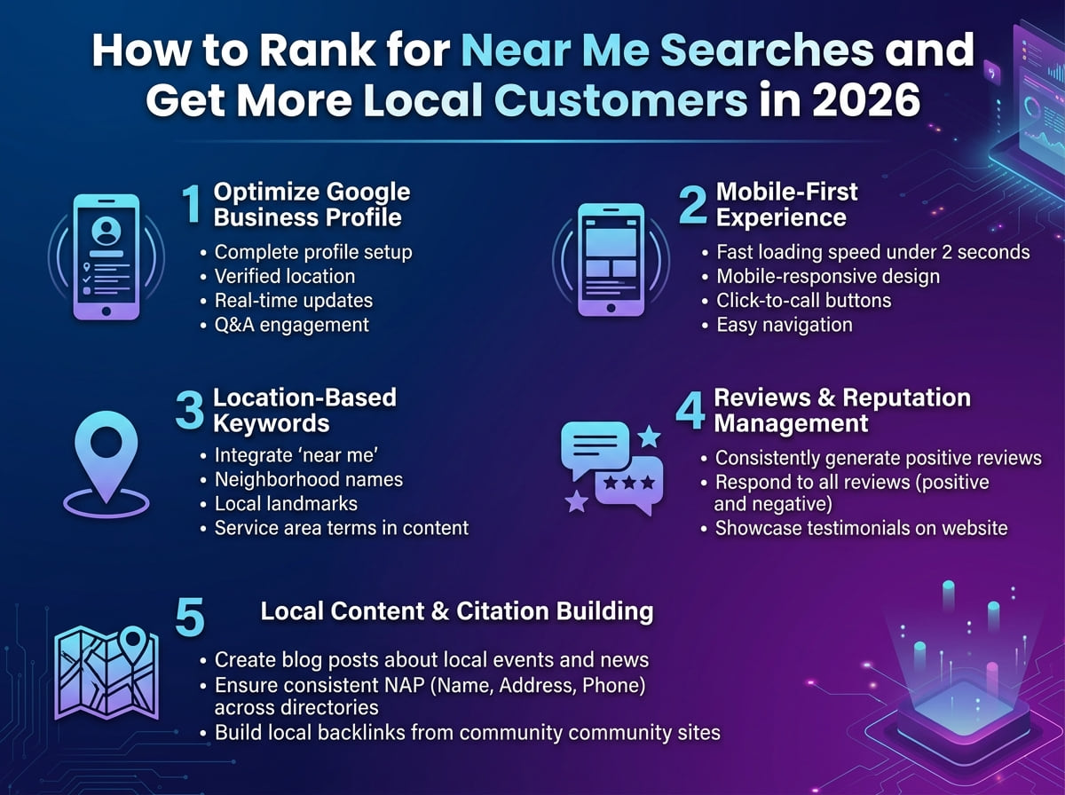 Infographic of five ways to rank for near me searches: optimize Google Business Profile, a mobile-first experience, location-based keywords, reviews and local content.