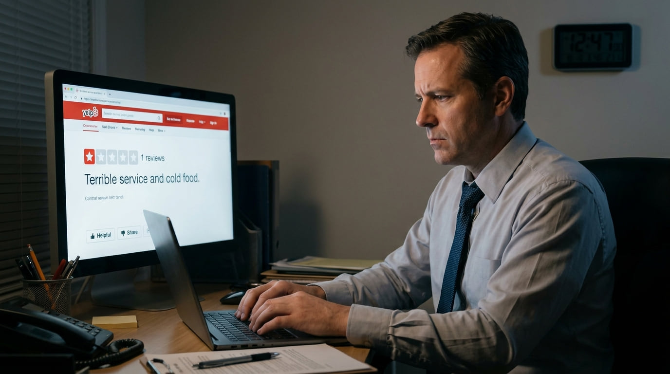A business owner at his desk reading a one-star review that says terrible service and cold food.