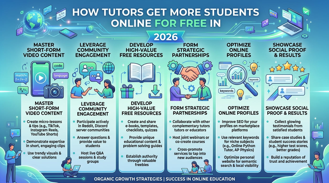 Infographic of six free ways tutors get more students online, from short-form video and community engagement to partnerships and social proof.