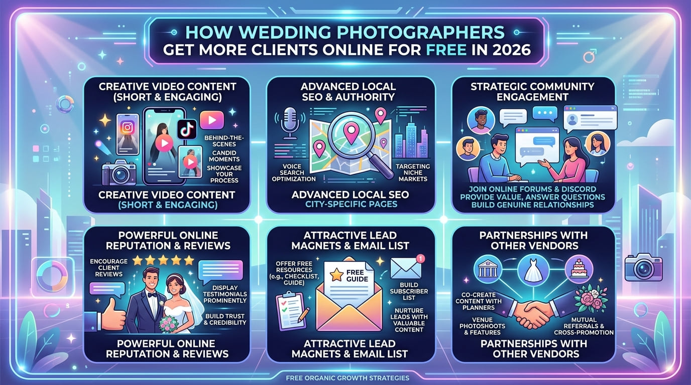 A wedding photography flat lay with a vintage camera, a Free Guide 2026 booklet, a phone, dried flowers and notebooks.