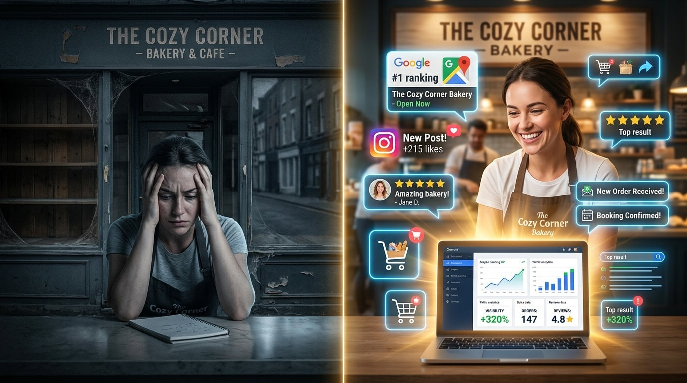 Split illustration of a closed, empty bakery with a worried owner beside the same bakery thriving online with top rankings, new posts and orders.