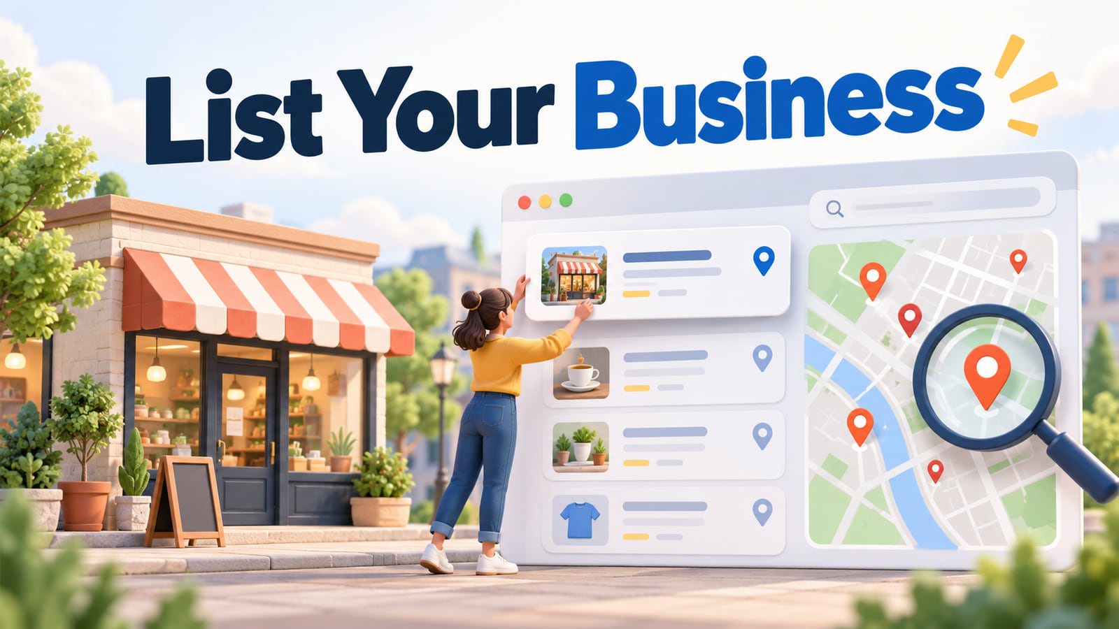 A shop owner pins her storefront onto an online business directory beside a map with location pins, under the words List Your Business.