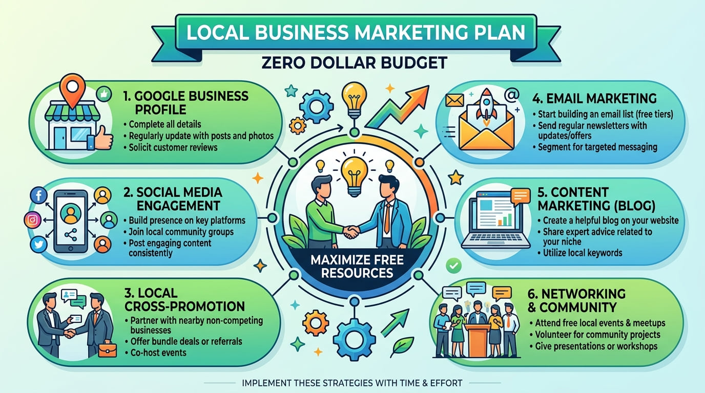 Illustrated zero-dollar local marketing plan: Google Business Profile, social media, cross-promotion, email, a blog and community networking around a handshake.
