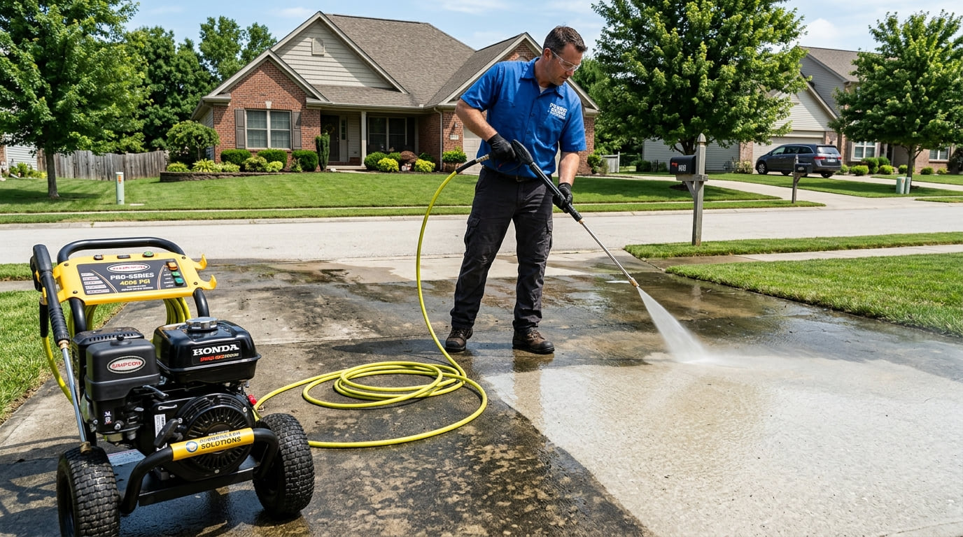 A pressure washing technician cleaning a concrete driveway in front of a brick house, a pressure washer beside him.