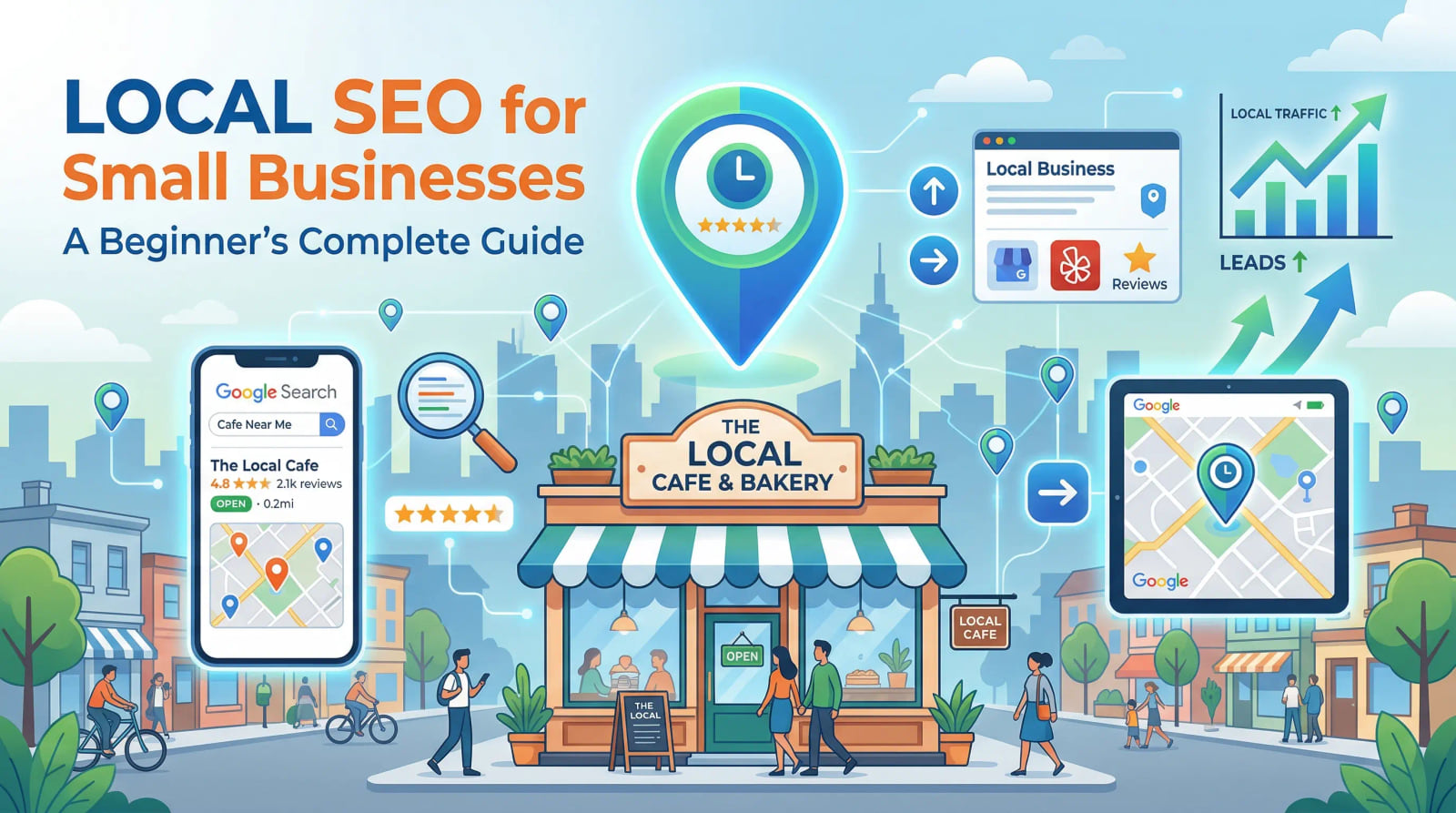 Illustration of a local cafe and bakery at the center of a town, with Google search results, map pins, reviews and rising leads around it.