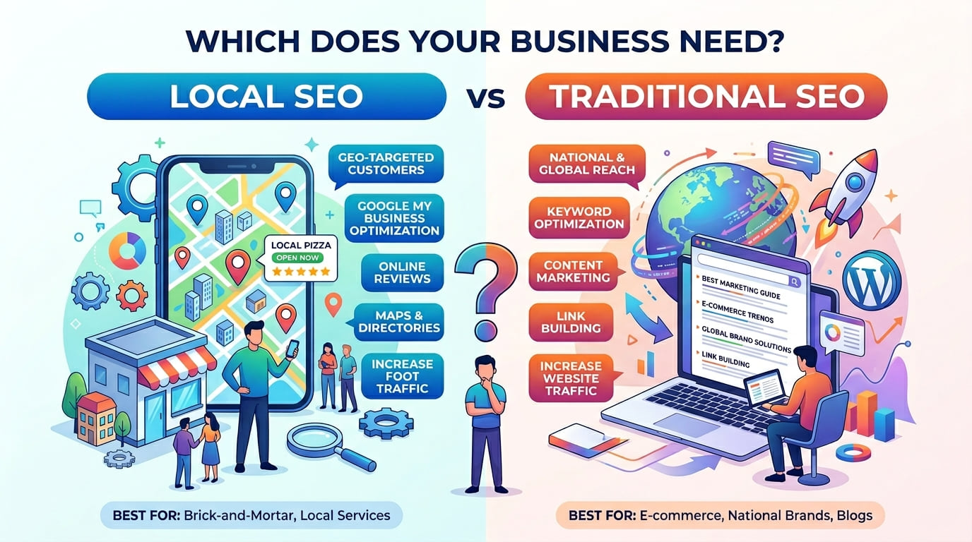 Side-by-side illustration of local SEO (maps, reviews, foot traffic) and traditional SEO (keywords, content, link building), asking which your business needs.
