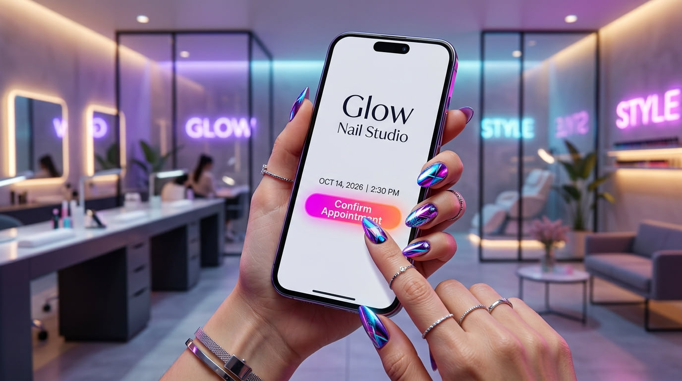 A hand with chrome nails tapping Confirm Appointment on a nail studio booking app, in a neon-lit salon.
