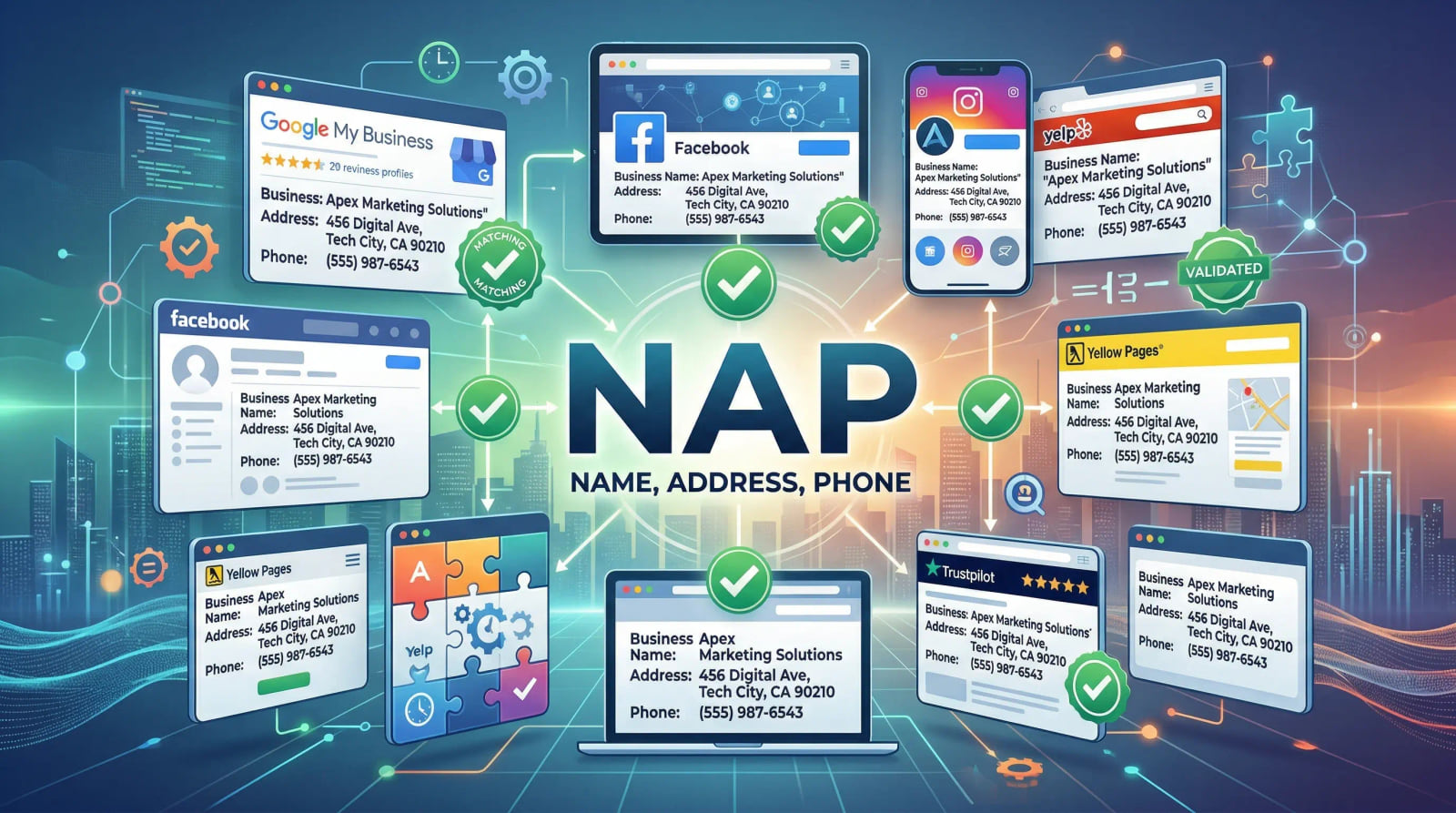 Illustration of matching business name, address and phone details checked off across Google, Facebook, Yelp and other directories around a big NAP heading.
