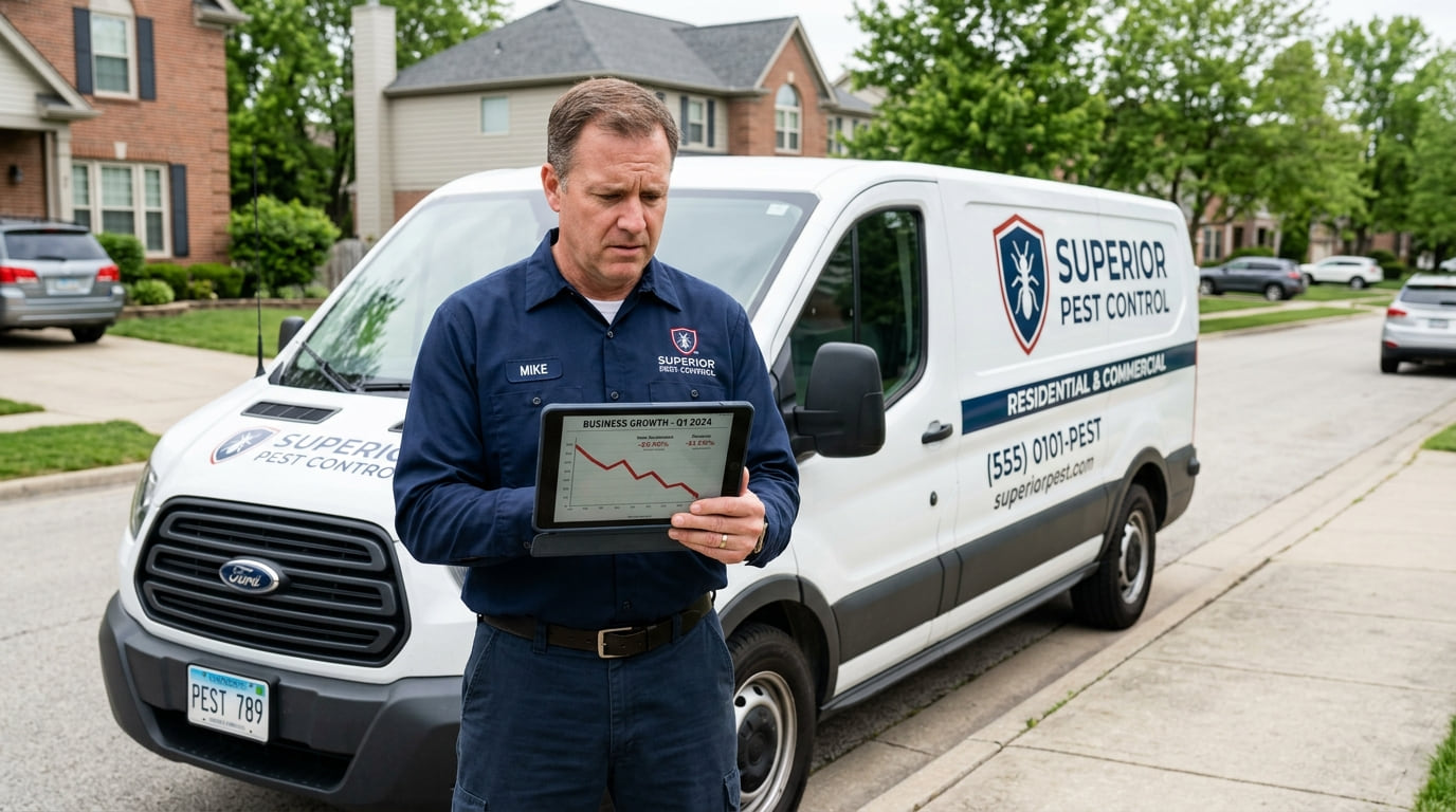 A pest control technician checking a tablet beside his branded service van on a residential street.