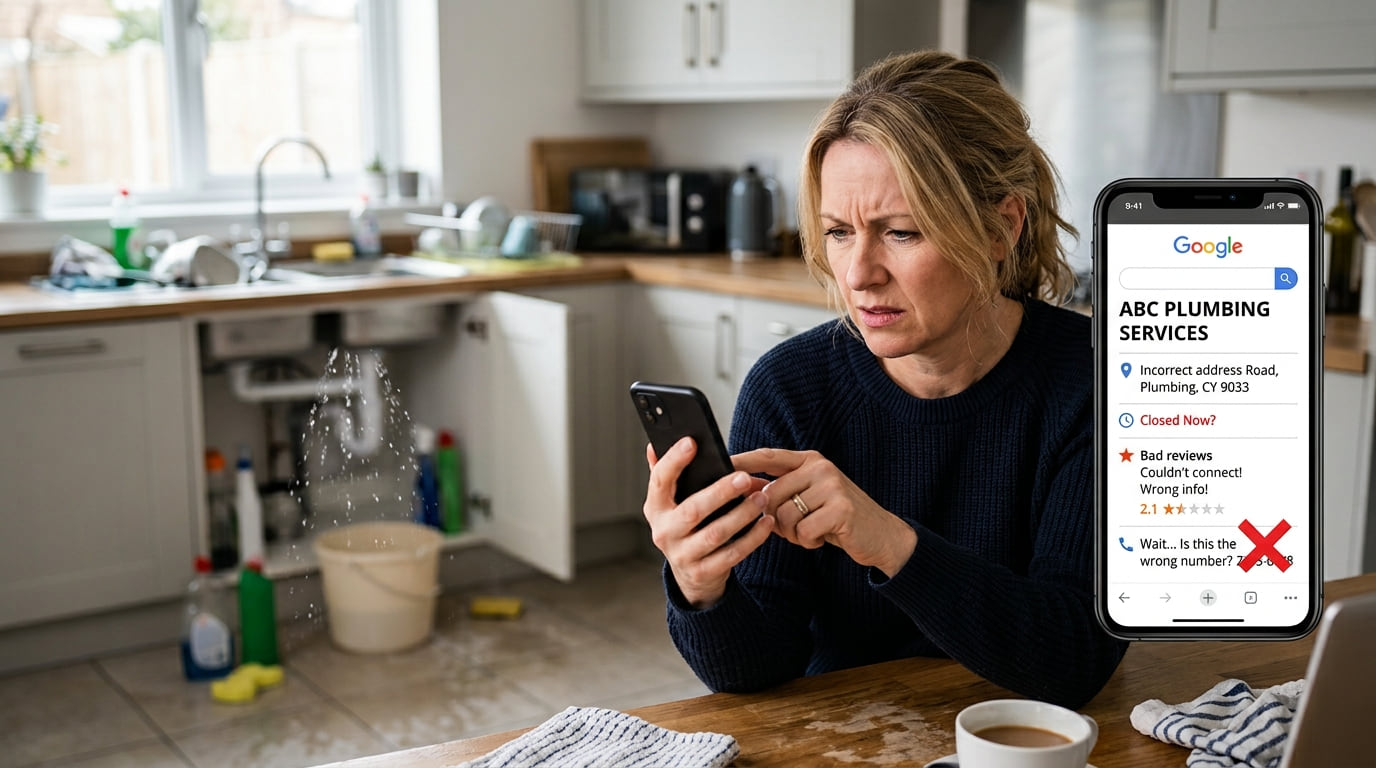 A frustrated homeowner at a leaking kitchen sink, searching for a plumber on her phone and finding a listing with a wrong address and bad reviews.