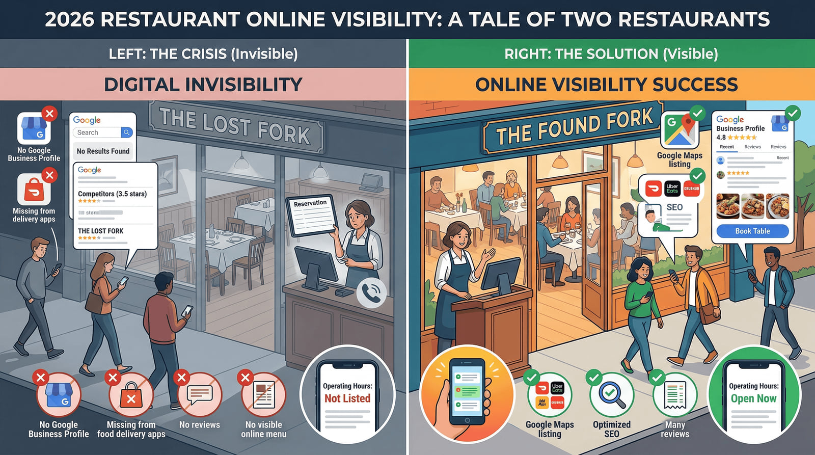 Split illustration of two restaurants: The Lost Fork, invisible online with no reviews, and The Found Fork, busy and visible on Google Maps.