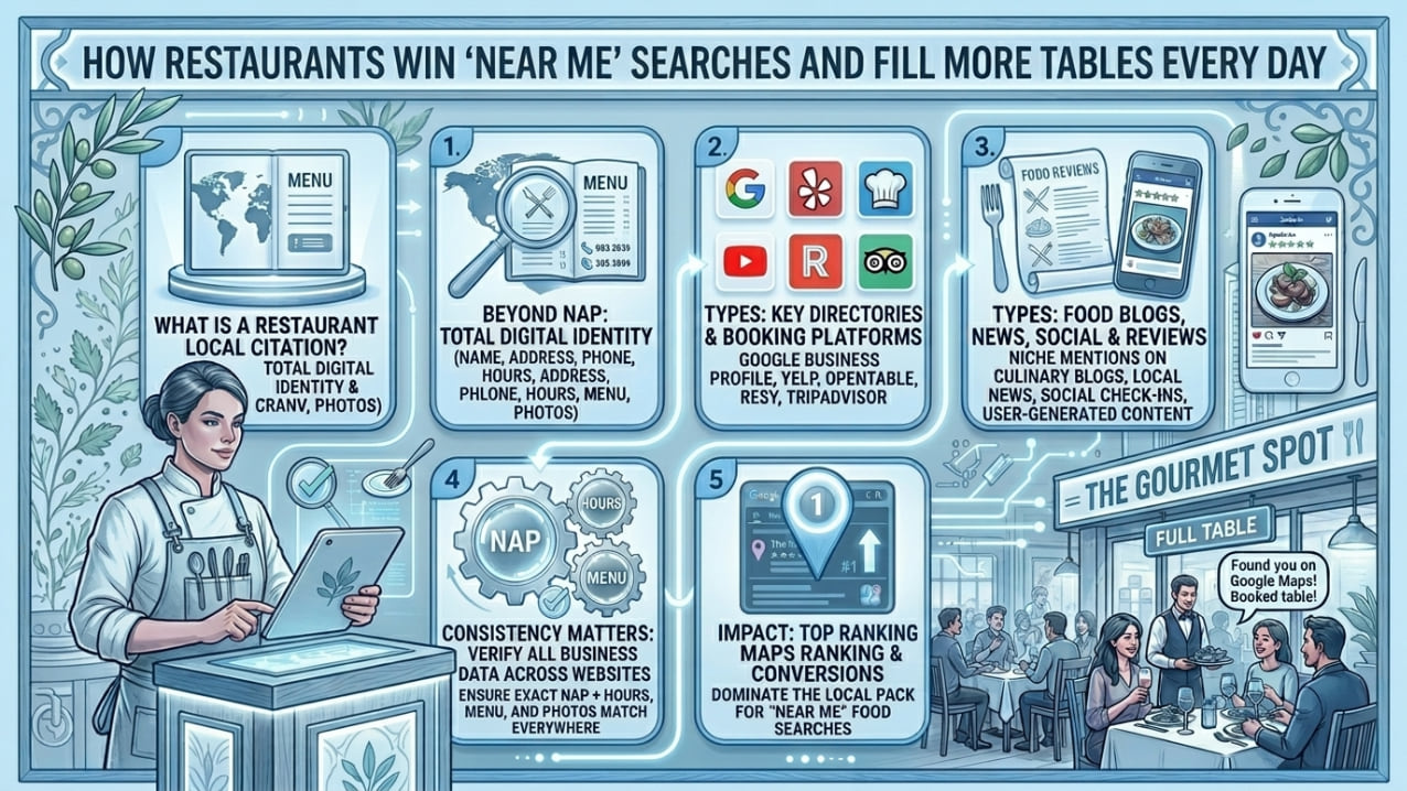 Illustrated guide to how restaurants win near me searches: local citations, directories and booking platforms, review sites and consistent NAP.