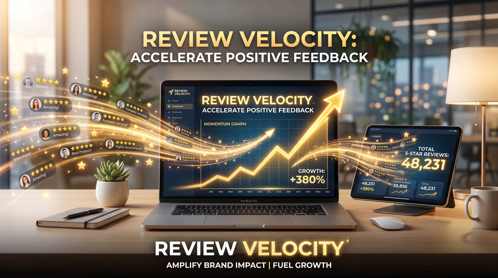 A laptop in a cafe showing a review velocity dashboard with a rising growth line and 48,231 five-star reviews.