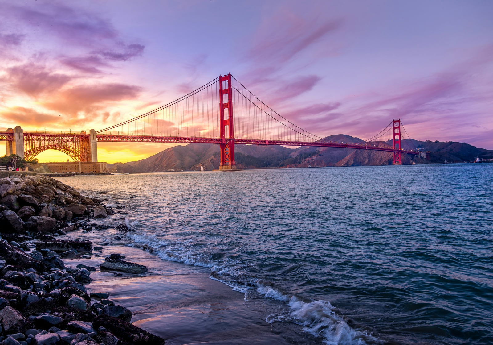San Francisco's Golden Gate Bridge above the bay at sunset.