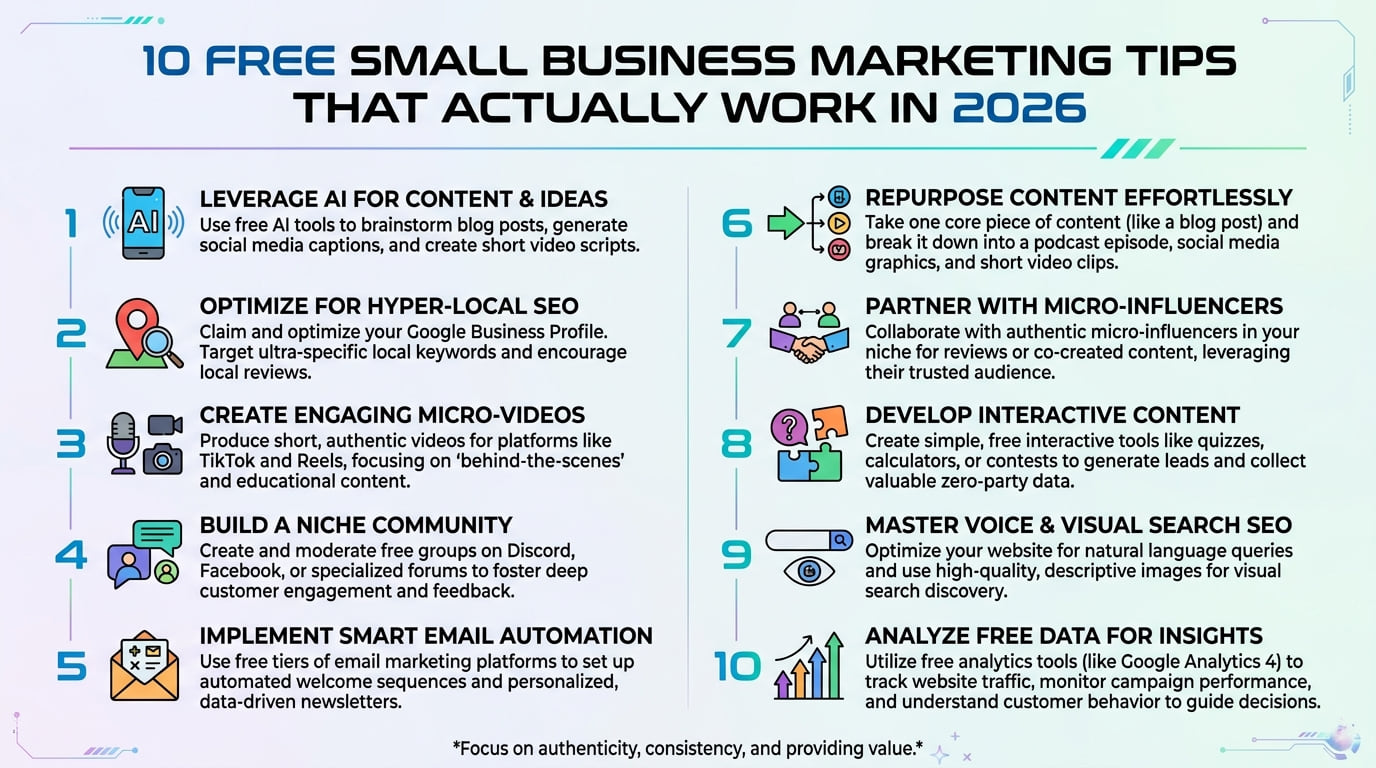 Infographic listing ten free small business marketing tips for 2026, from AI-assisted content and hyper-local SEO to micro-influencers and free analytics.