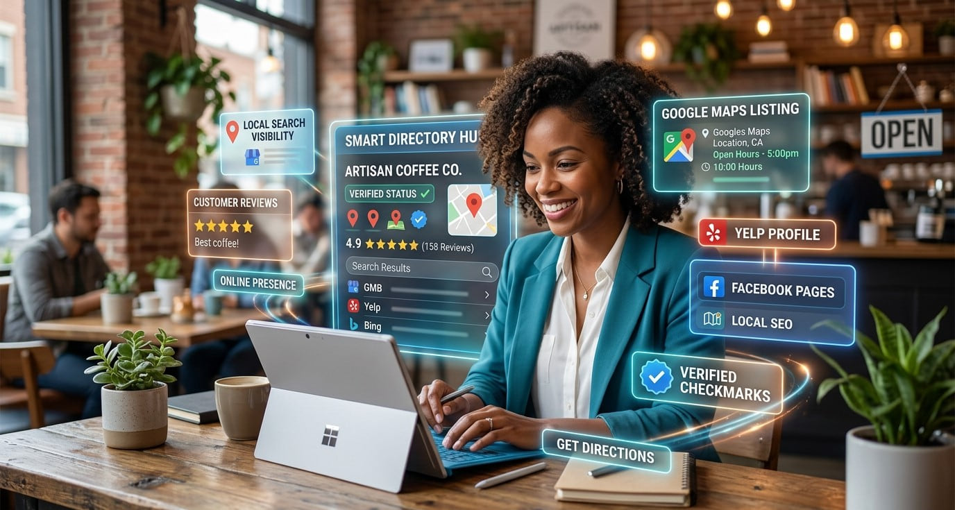 A smiling business owner in a cafe working on a tablet, surrounded by floating cards for Google Maps, Yelp, Facebook, local SEO and verified checkmarks.