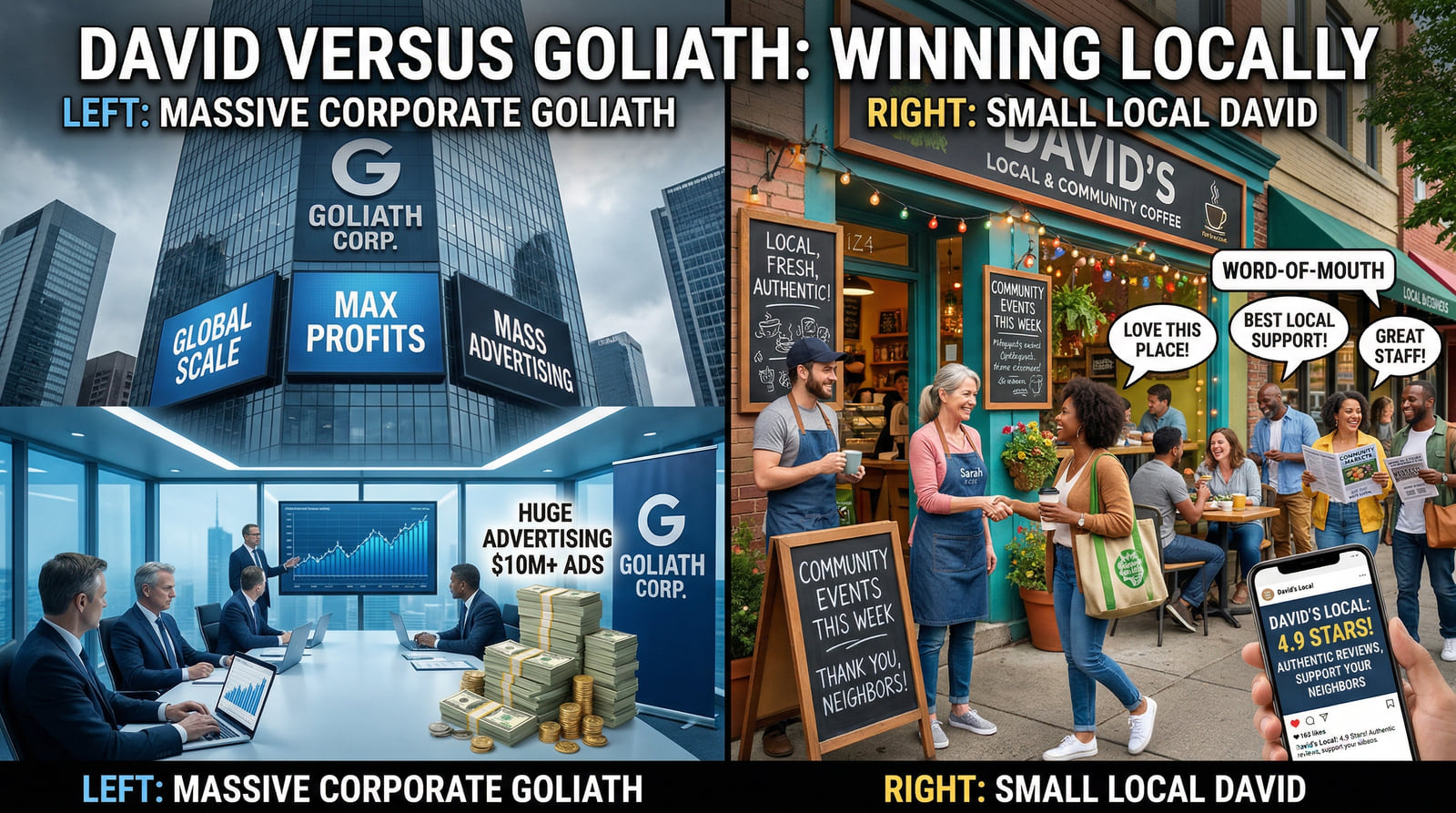 Split illustration titled David versus Goliath: a corporate tower with huge ad budgets on one side, and a busy local coffee shop with loyal neighbors on the other.