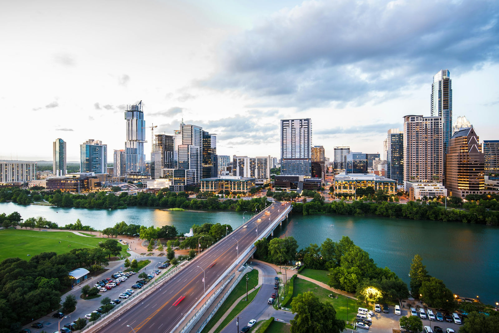 Austin's skyline and Congress Avenue Bridge above Lady Bird Lake.