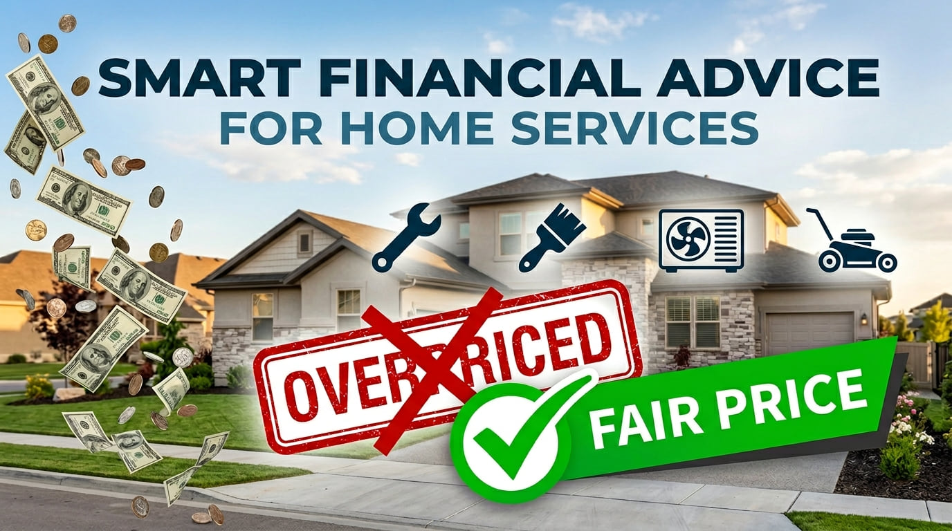 Illustration of a house with home service icons and money flying, an Overpriced stamp crossed out beside a Fair Price checkmark.