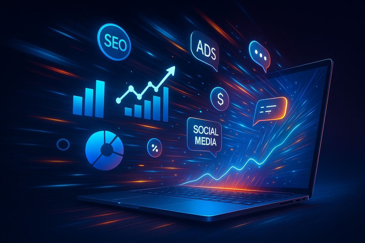 A laptop on a dark desk with glowing icons for SEO, ads, social media and a rising growth chart streaming from its screen.