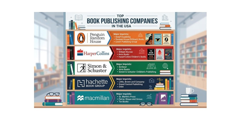 Infographic of the top book publishing companies in the USA: Penguin Random House, HarperCollins, Simon & Schuster, Hachette Book Group and Macmillan, with their major imprints.