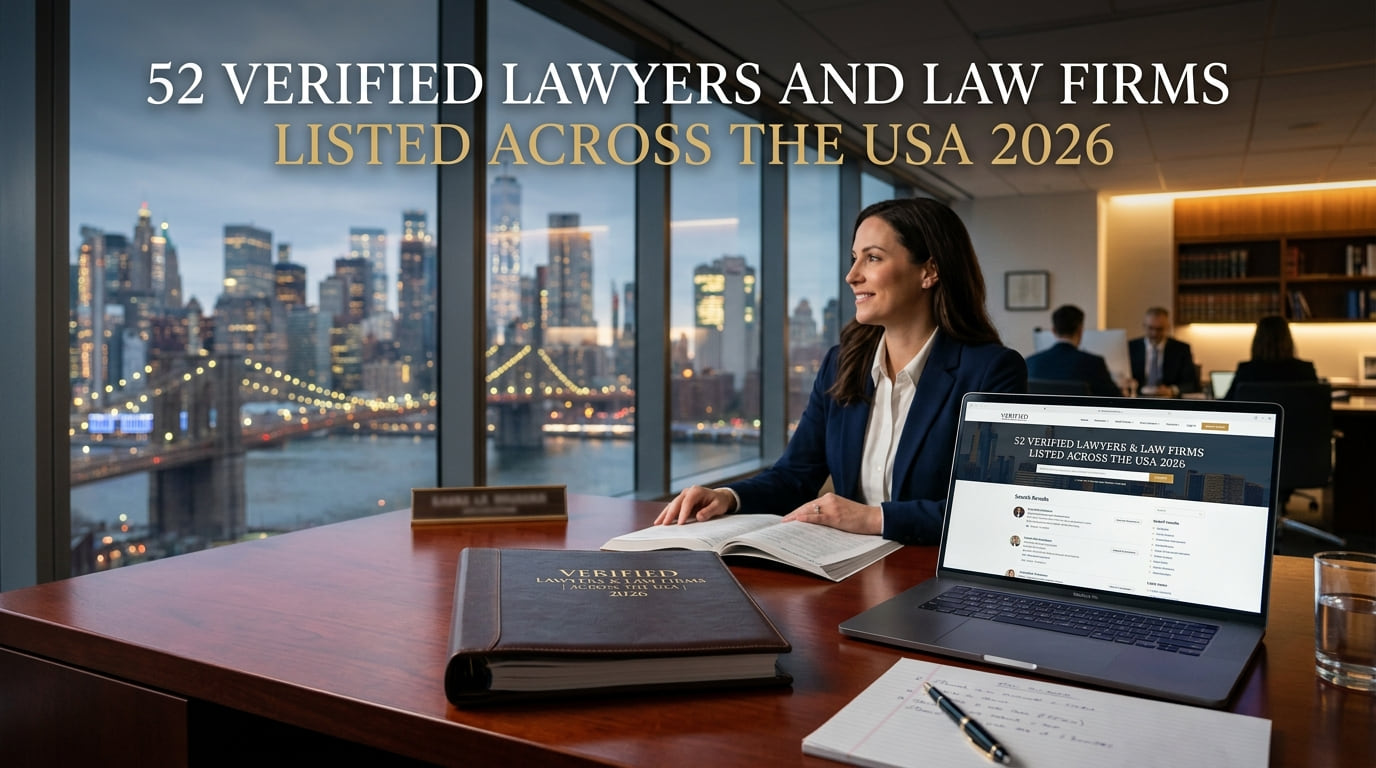 An attorney in a high-rise office at dusk with a laptop open to a directory page titled 52 Verified Lawyers and Law Firms Listed Across the USA.