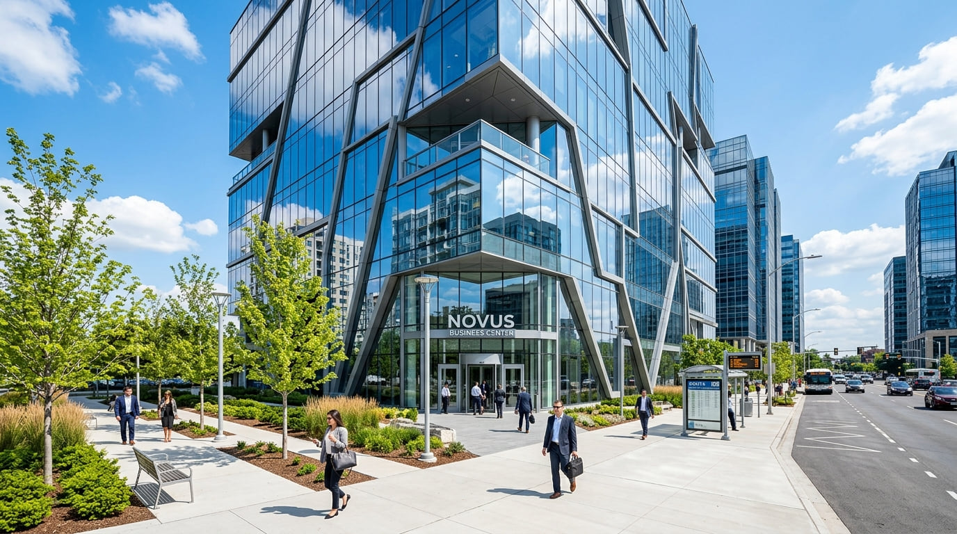 A modern glass office building on a city street, with people walking past the entrance.