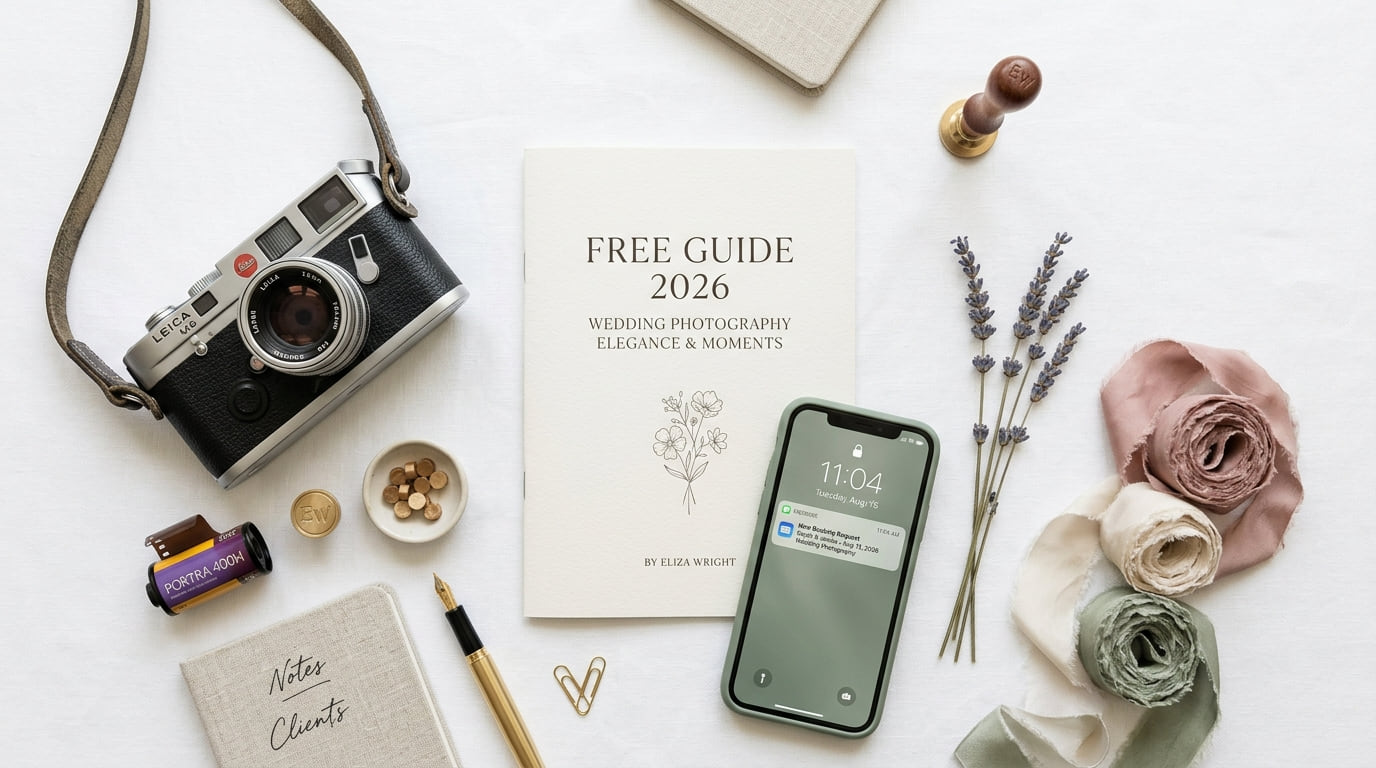 A wedding photography flat lay with a vintage camera, a free guide booklet, a phone, dried flowers and notebooks.