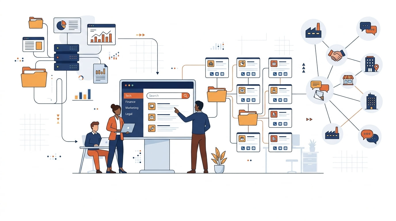 Illustration of business owners at a large directory screen, with folders, data and connected business icons around them.
