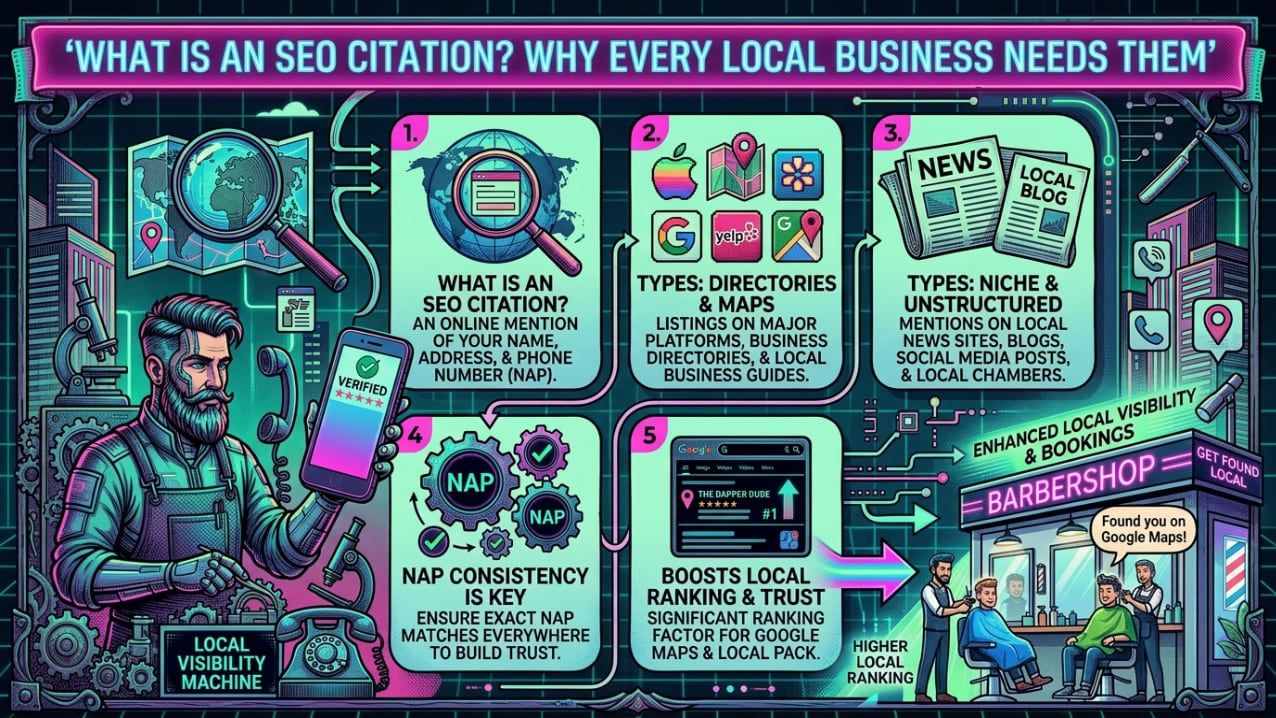 Illustrated guide to SEO citations: what a citation is, directories and maps, niche and local mentions, NAP consistency and how citations boost local rankings.