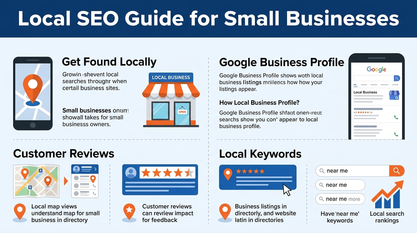 Infographic titled Local SEO Guide for Small Businesses, with panels on getting found locally, Google Business Profile, customer reviews and local keywords.