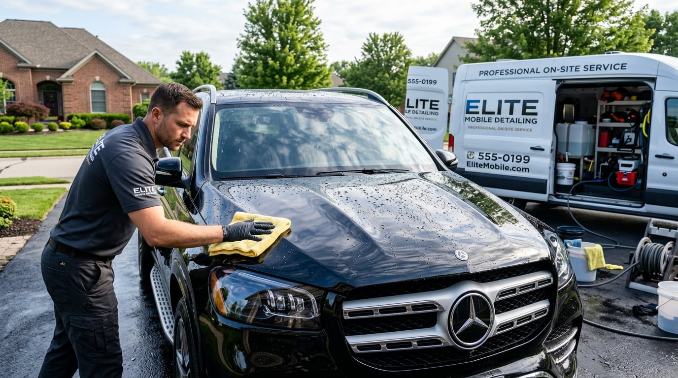 A mobile detailer wiping down a black SUV in a driveway, his branded service van parked behind him.