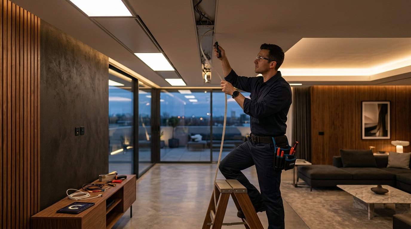 An electrician on a stepladder working on a ceiling fixture in a modern living room at dusk.