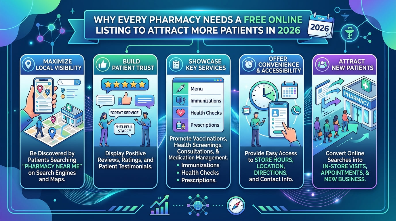 Infographic of five reasons pharmacies need a free online listing: local visibility, patient trust, key services, convenience and new patients.