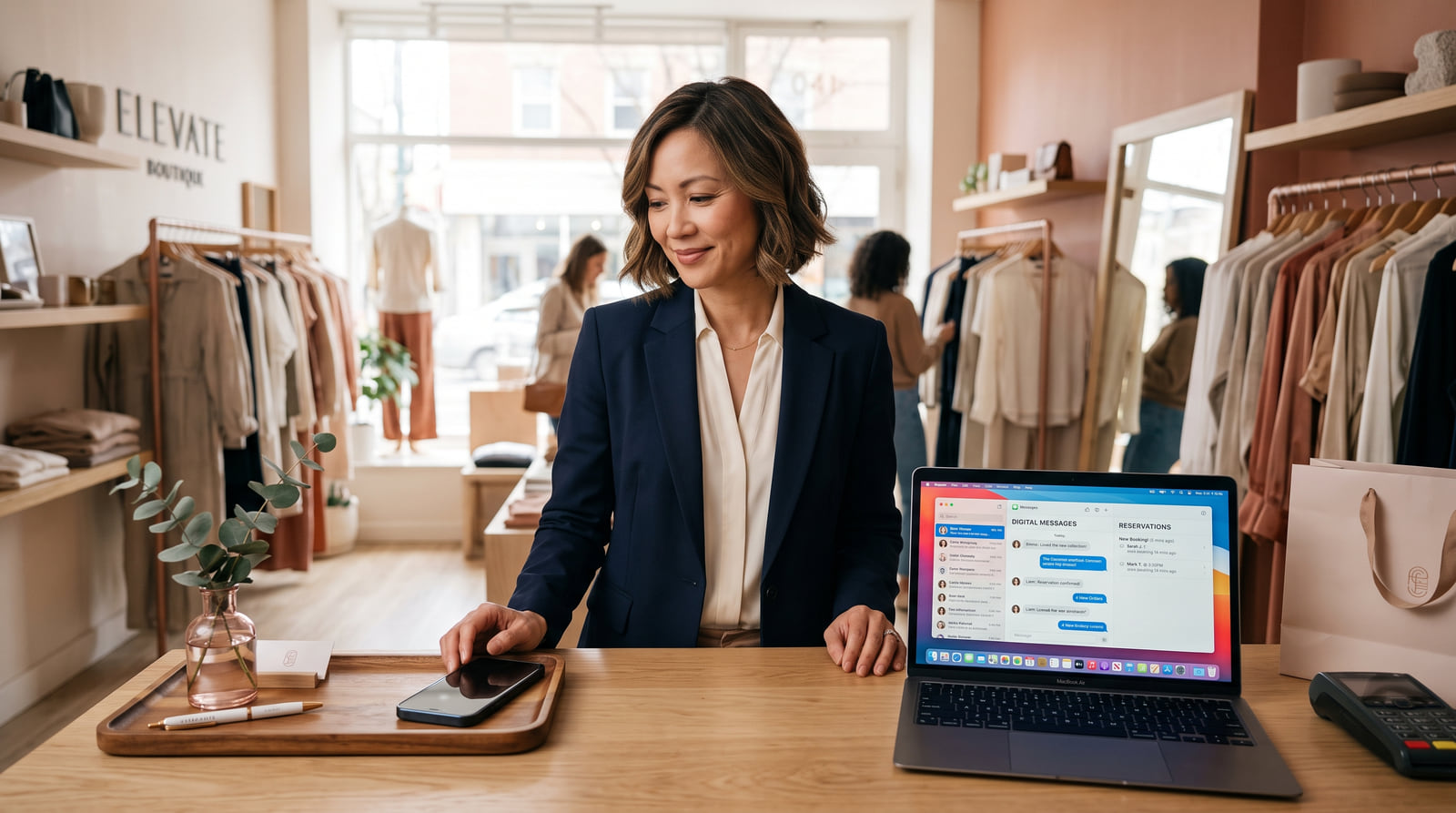 A smiling boutique owner at the checkout counter with a phone and a laptop open to digital messages and reservations.