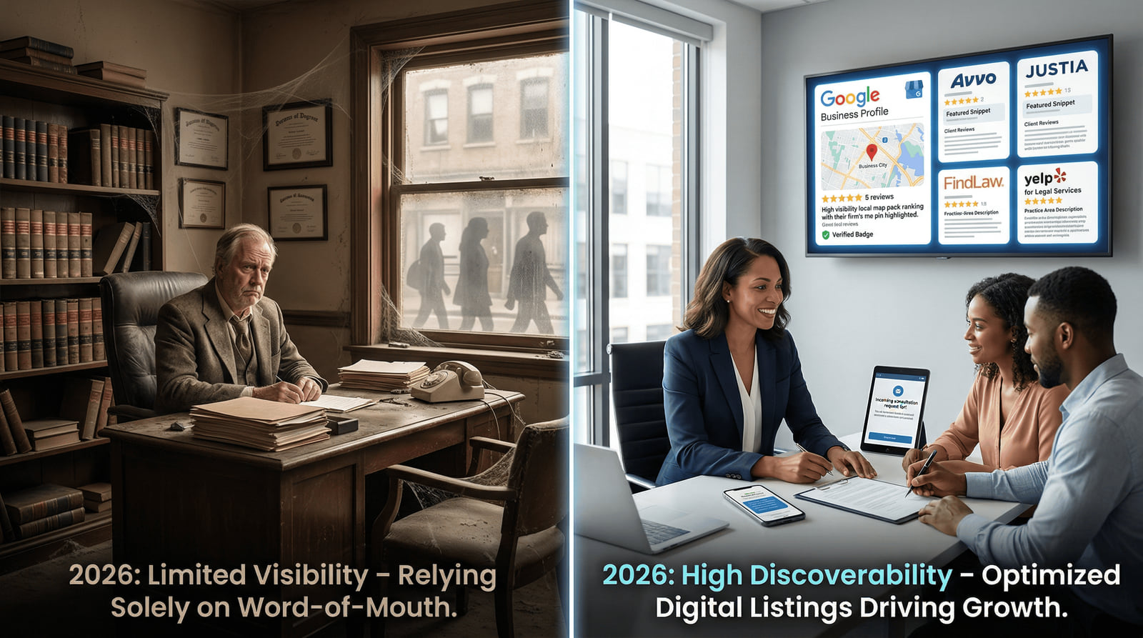 Split image: a lawyer alone in a dusty, old-fashioned office, beside a modern firm meeting clients under a screen of Google, Avvo, Justia, FindLaw and Yelp listings.