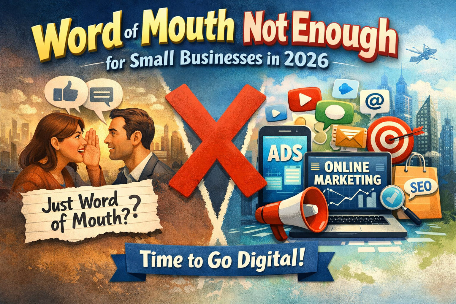 Illustration contrasting two people passing on word of mouth with digital marketing icons for ads, online marketing and SEO, under a banner reading Time to Go Digital.