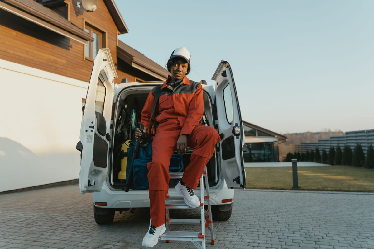 A worker in coveralls sitting by the open back of a white work van.