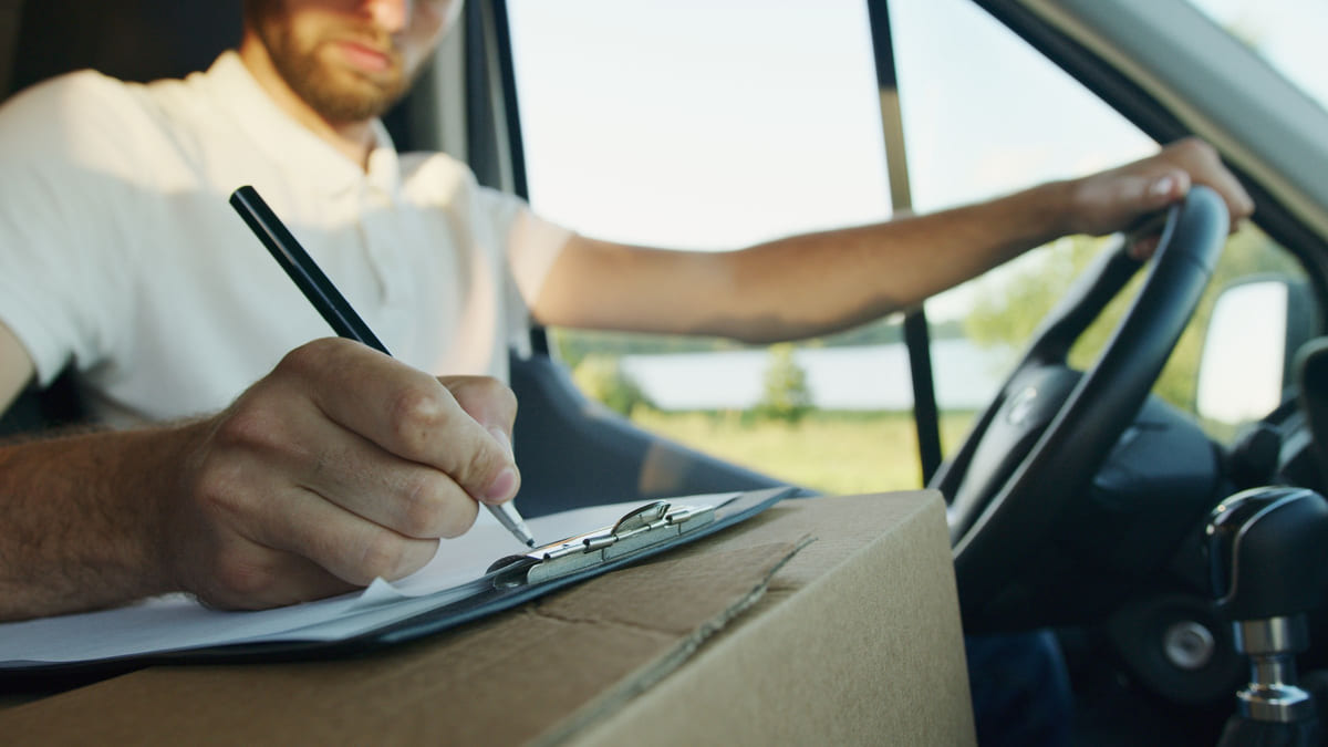 A delivery worker writing on a clipboard while seated in a van.