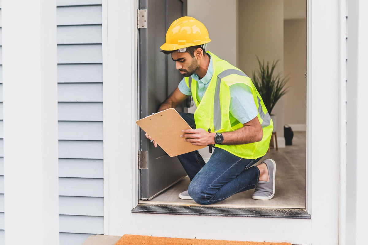 A home inspector checking a window frame with a clipboard in hand.