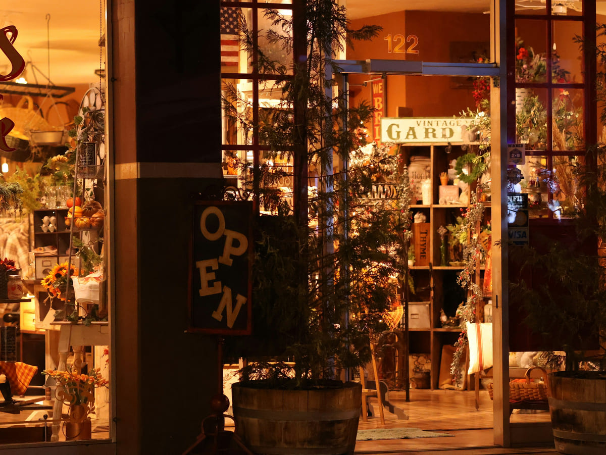 A warmly lit shop window with plants and festive lights.