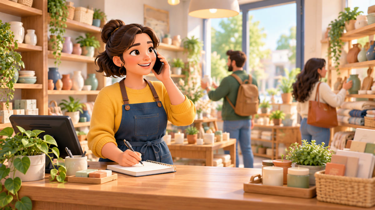 A smiling shop owner at her counter takes a phone call and jots notes while two customers browse the shelves behind her.