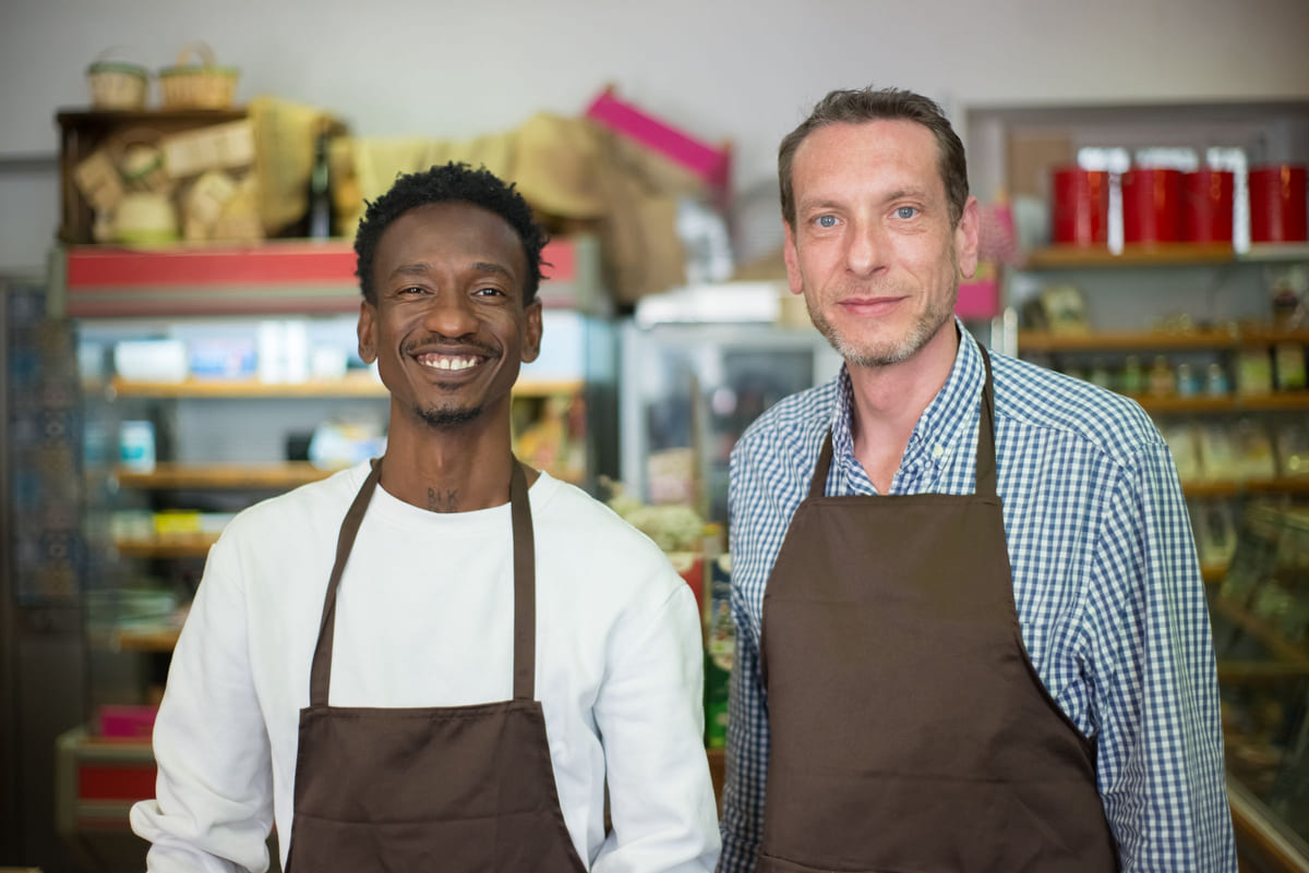 Two smiling grocery-store owners wearing aprons in their shop.