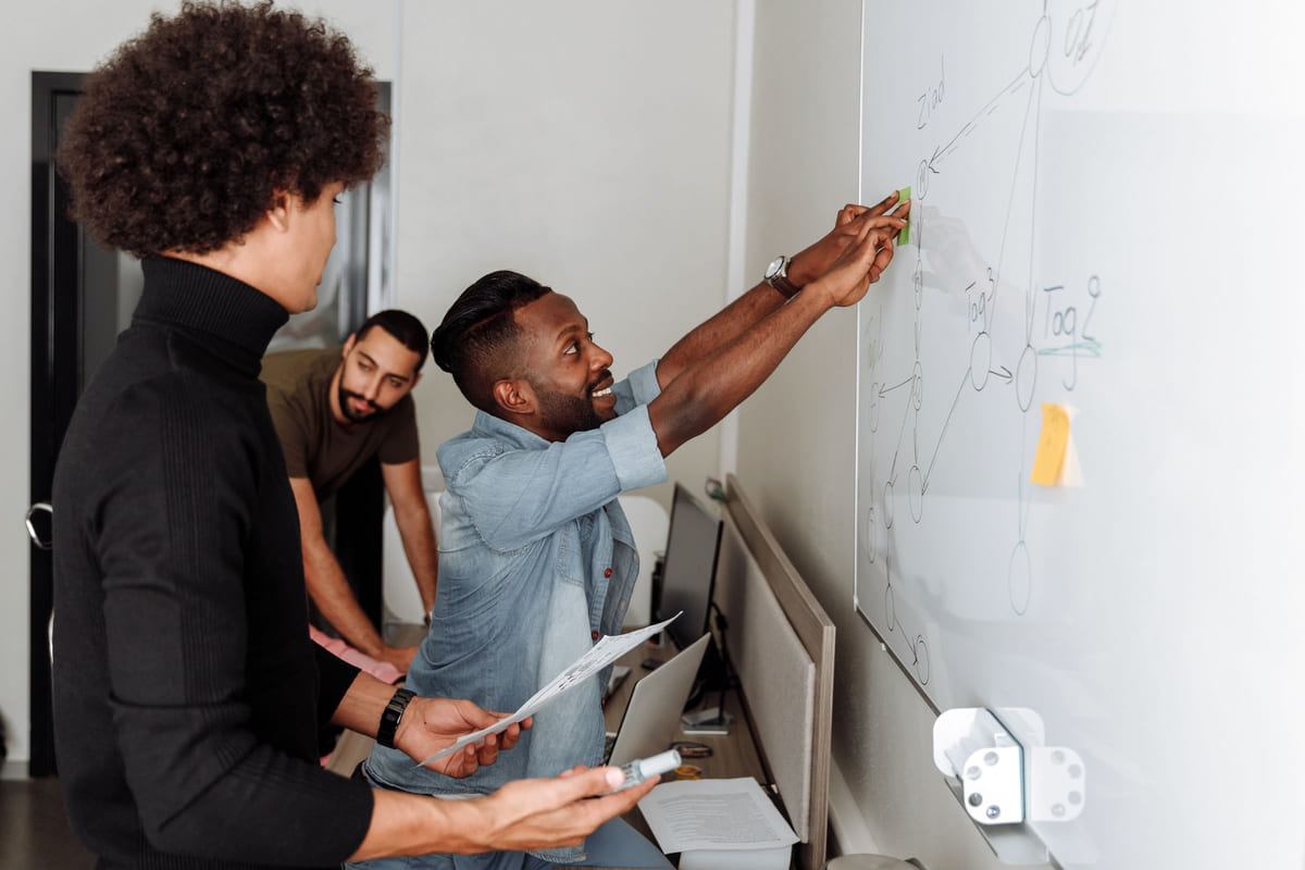 A small team planning ideas around a whiteboard.